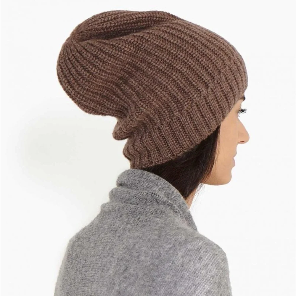 Maison Cashmere Ribbed Fisherman Beanie Brown Gray Knit Winter Hat Unisex NWT⁠